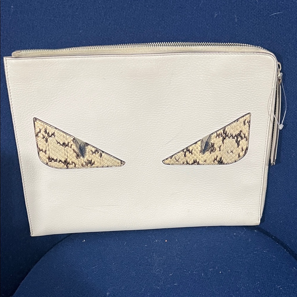 Fendi Monster Stylish Cream Clutch with Snake Print Accents